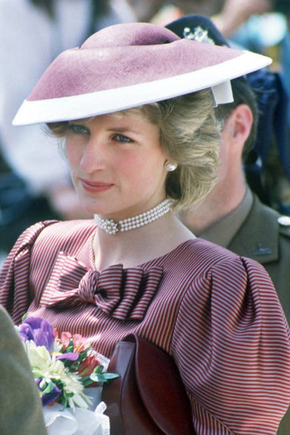 april 1985 purple striped catherine walker dress frederick fox hat anzio