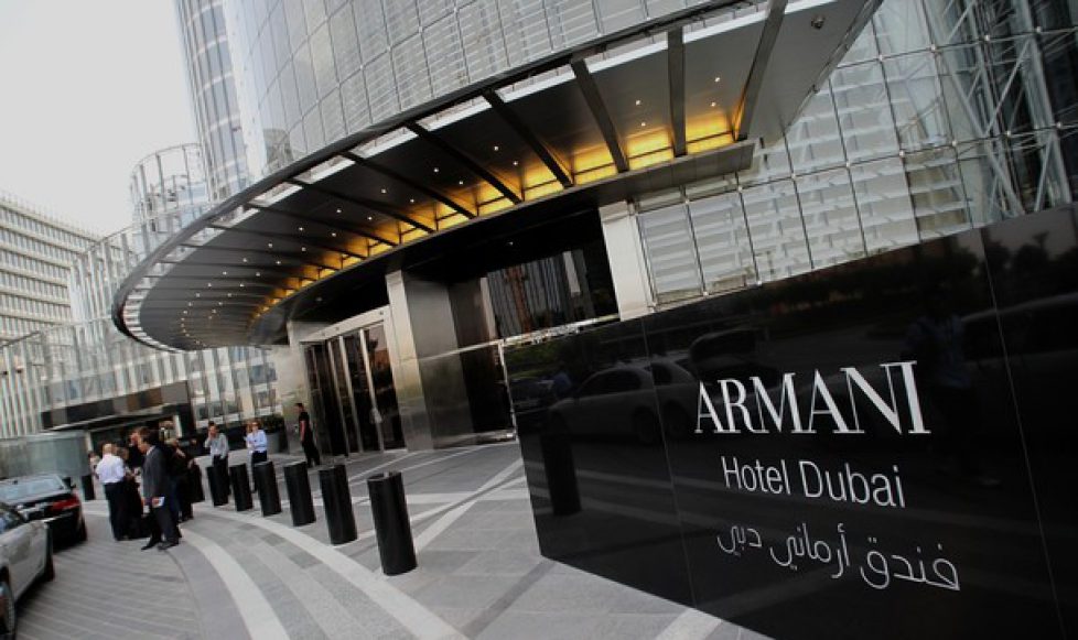 People stand outside Dubai's Armani hote