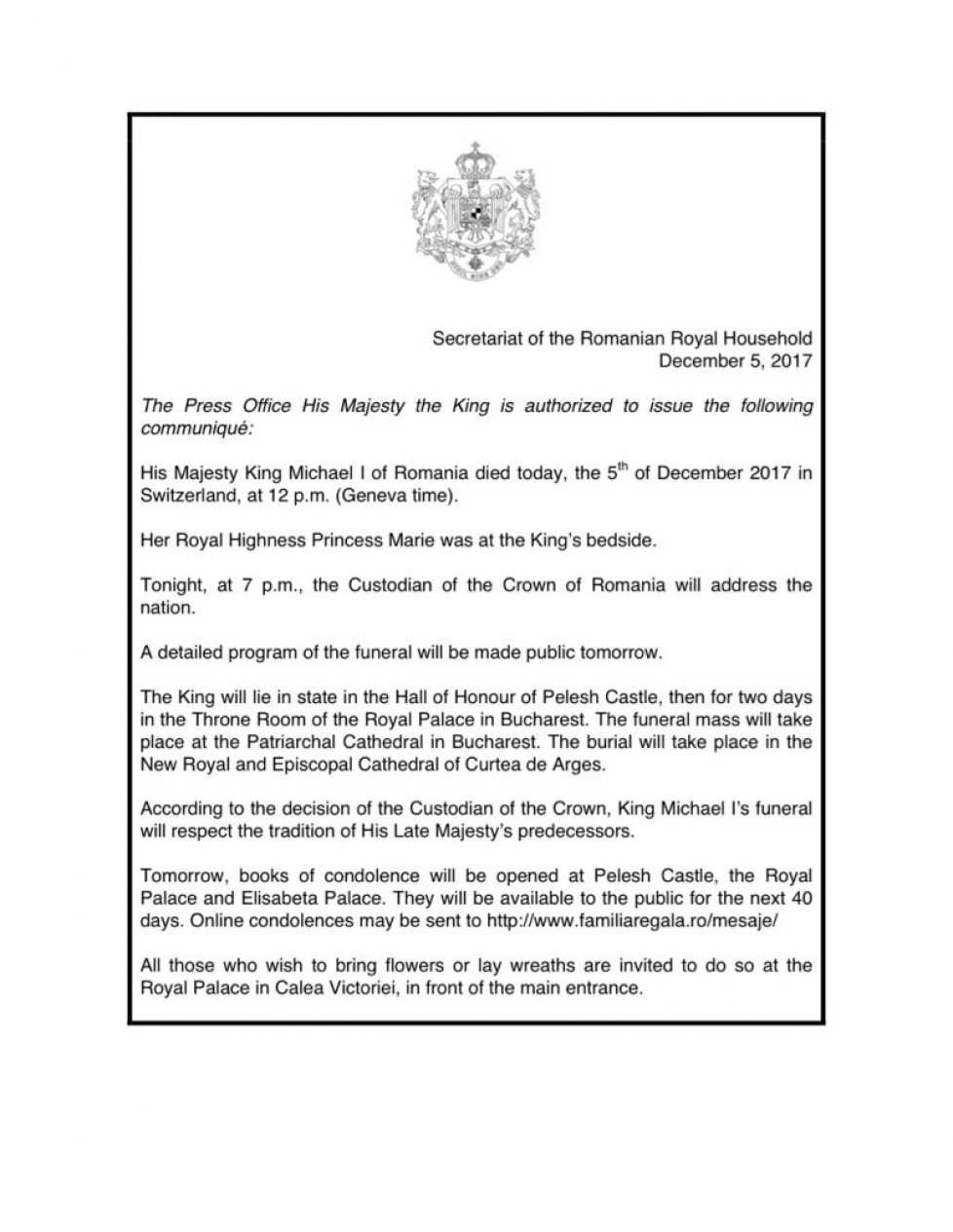 Death Announcement King Michael of Romania