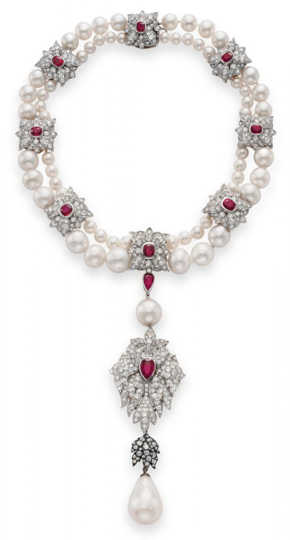 Undated handout shows a pearl, ruby and diamond necklace by Cartier, designed by Elizabeth Taylor with Al Durante of Cartier. On December 13, 2011, Christie_s New York will present 80 of Taylor_s most iconic jewels in a special Evening Sale, followed by