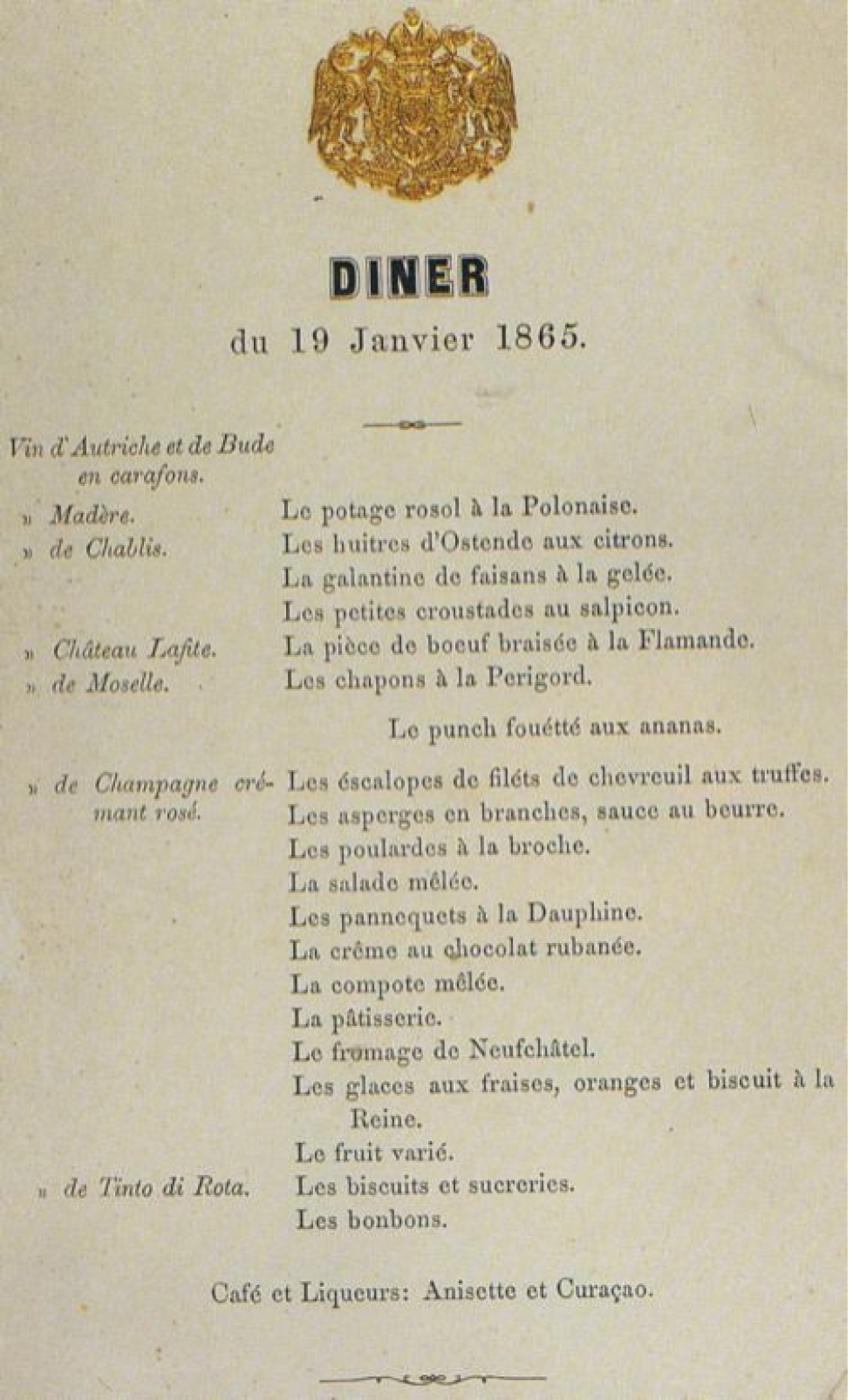 Menu offert par l’empereur François-Joseph d’Autriche au ministre von Beust au château de la Hofburg, à Vienne.