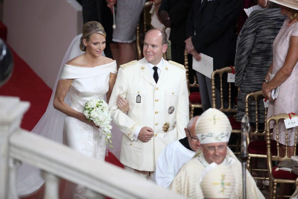 Charlene Wittstock and Prince Albert II of Monaco during the religious wedding ceremony of Prince Abert II of Monaco and Charlene Wittstock held in the main courtyard of the Prince's Palace in Monaco on July 2, 2011. Photo by Frederic Nebinger/ABACAPRESS.