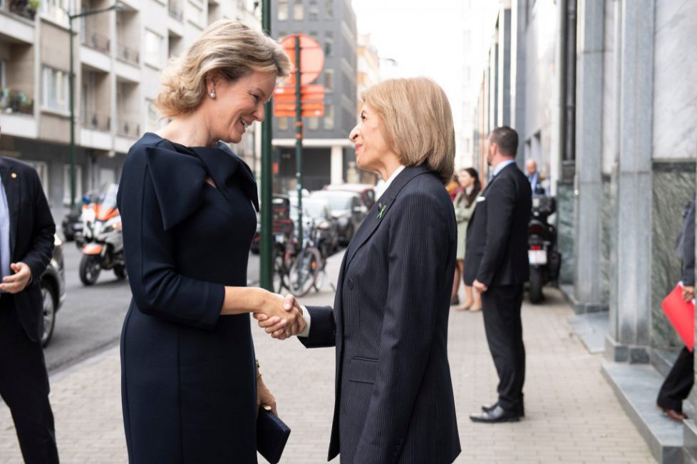 Mathilde, Queen of the Belgians, on the left, and Stella Kyriakides