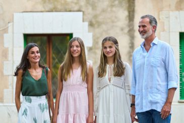 Valldemossa, Balearic Islands, Spain. 1st Aug, 2022. King Felipe VI of Spain, Queen Letizia of Spain, Crown Princess Leonor, Princess Sofia visit La Cartuja de Valldemossa, the palace that was official residence of King Sancho of Mallorca in the XV Centur
