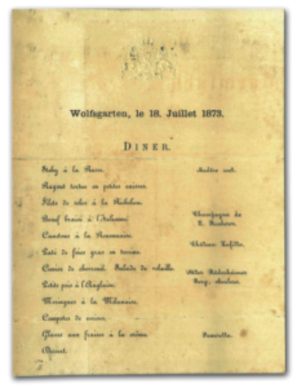 Menu d&rsquo;un dîner au château de Wolfsgarten
