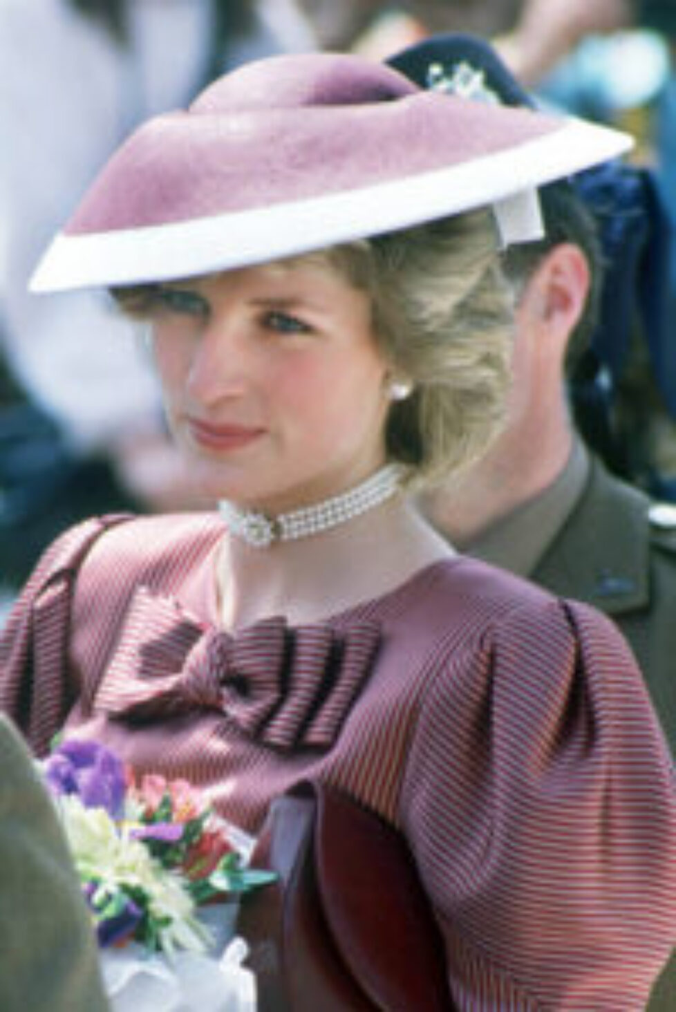 april 1985 purple striped catherine walker dress frederick fox hat anzio