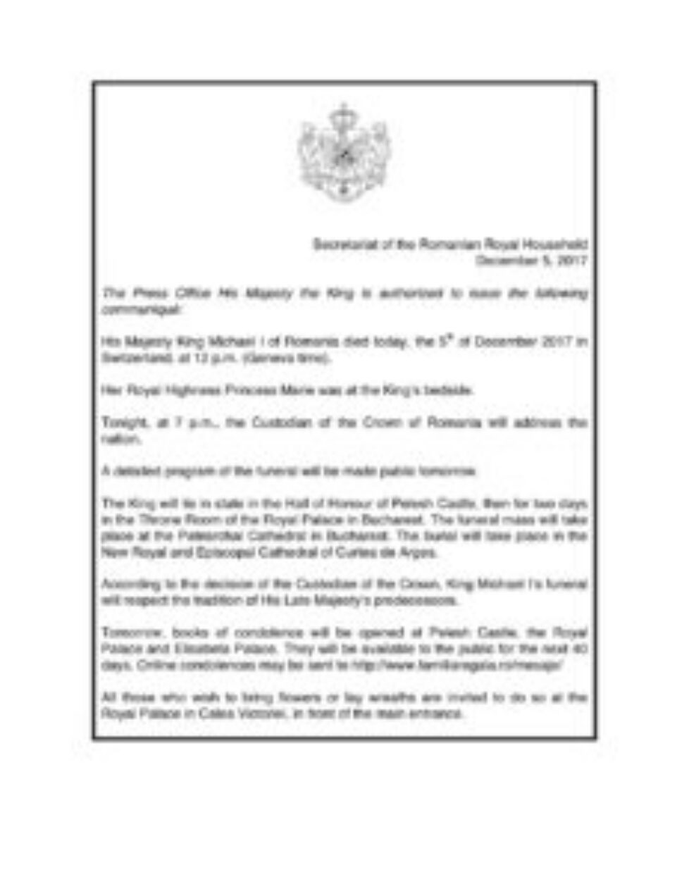 Death Announcement King Michael of Romania