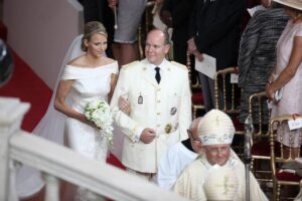 Charlene Wittstock and Prince Albert II of Monaco during the religious wedding ceremony of Prince Abert II of Monaco and Charlene Wittstock held in the main courtyard of the Prince's Palace in Monaco on July 2, 2011. Photo by Frederic Nebinger/ABACAPRESS.
